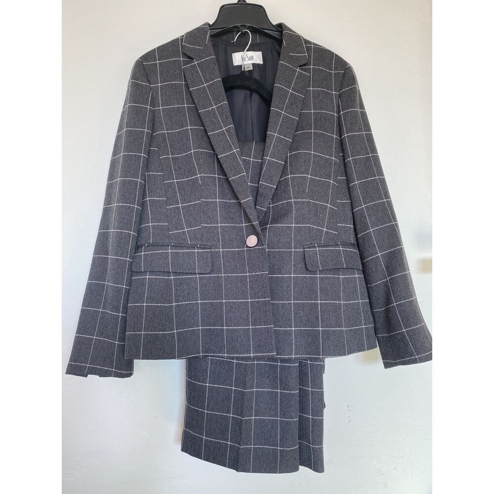 Le Suit Black White Grid Windowpane Plaid Pant Suit Set Career Office Look 14